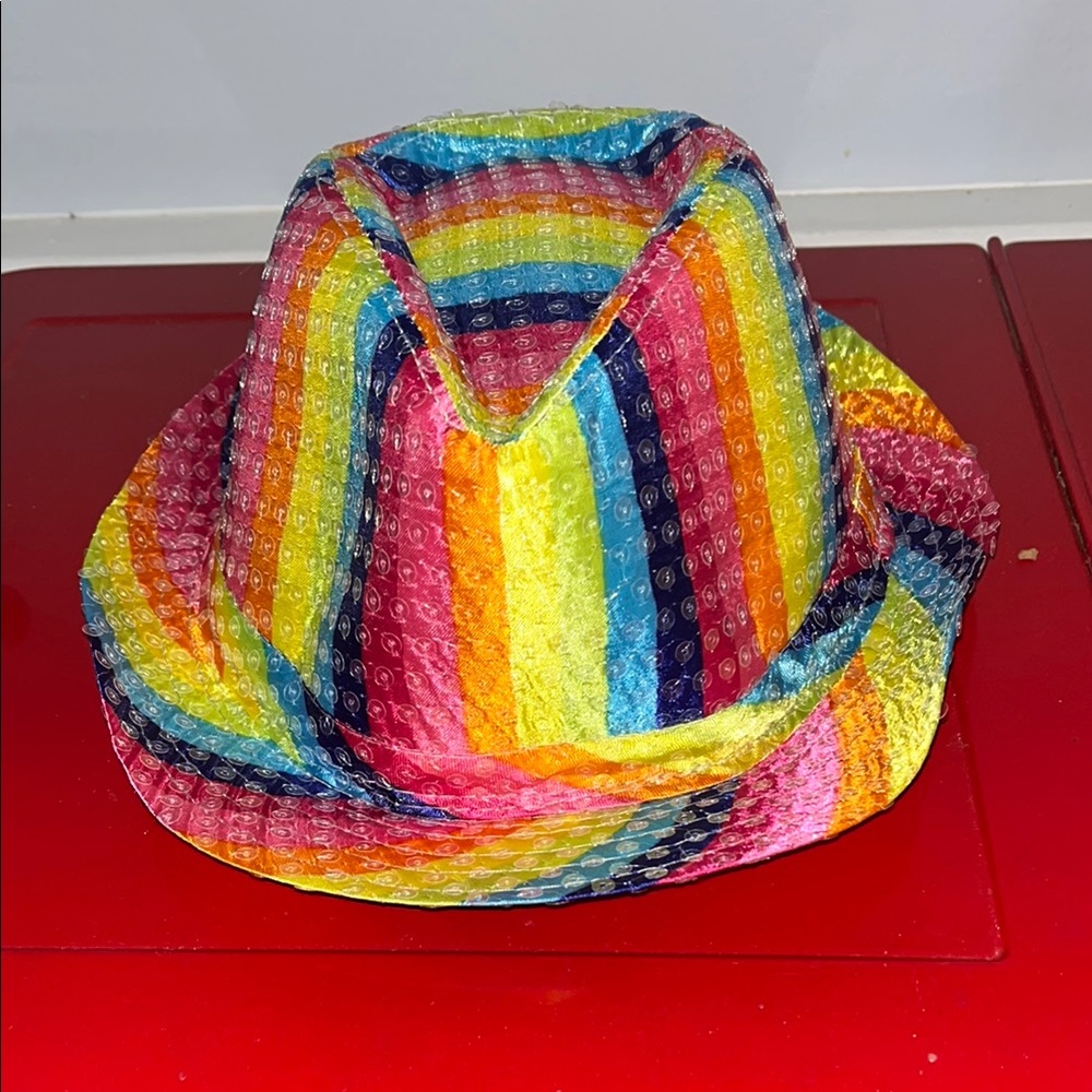 Red and Pink RAINBOW   Style Hat with sequins and wide brim NWOT